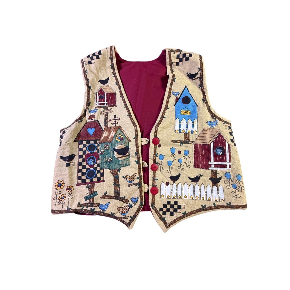 Vintage Birdhouse Tapestry Vest Tan Red Button Front Folk Art Garden Grannycore